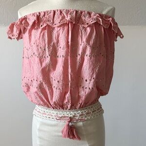 Women’s Pink Off-Shoulder Eyelet Camisole with Tassel Waist
